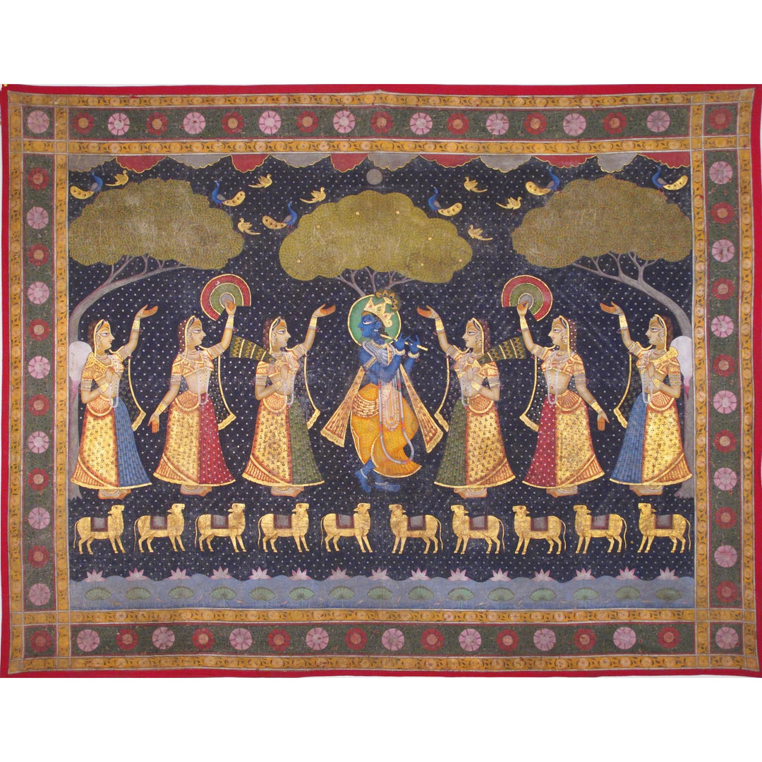 Painted & Gilded Pichwai - Krishna And The Gopis. | Indigo Oriental Antiques