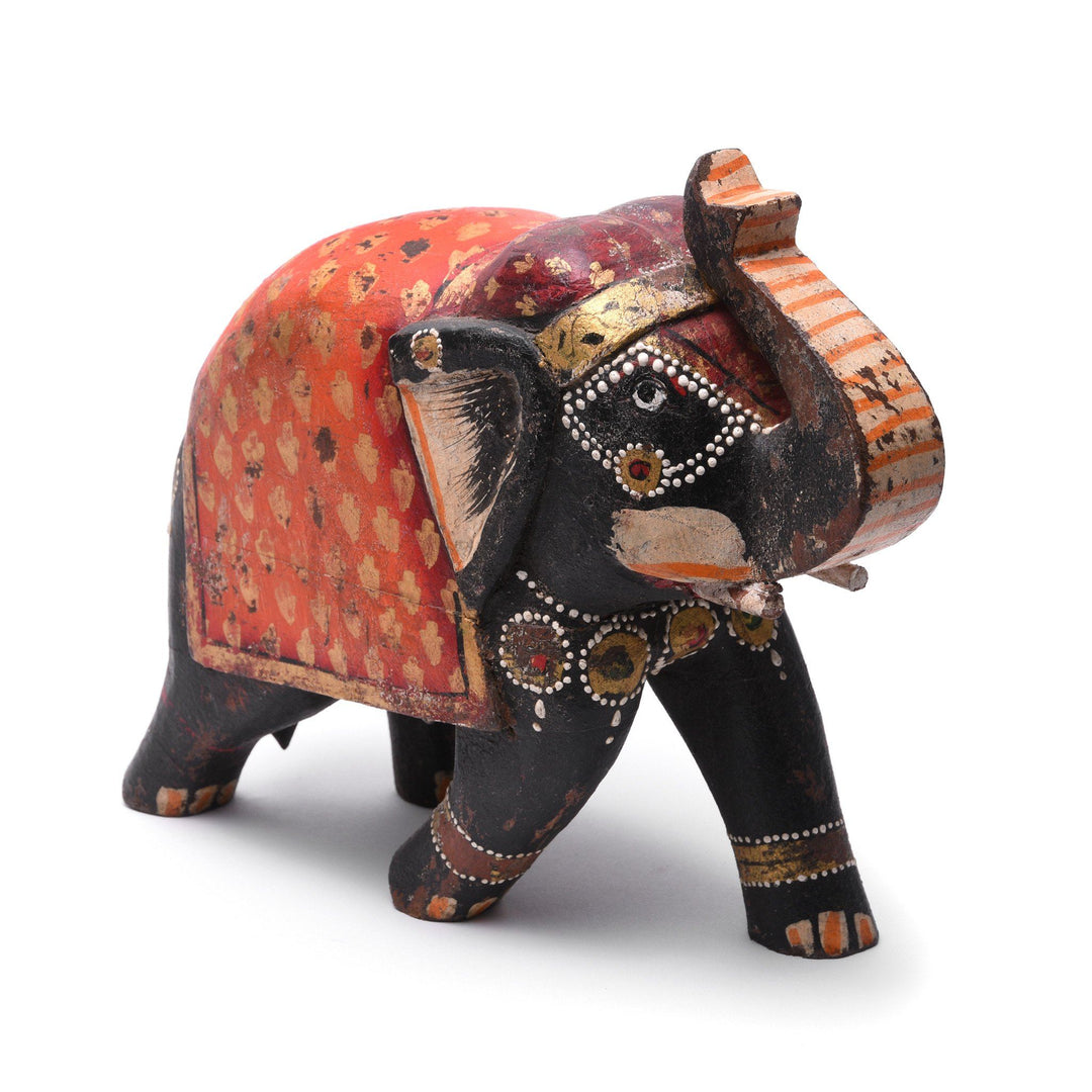 Black & Orange Painted Indian Elephant Figurine From Rajasthan | Indigo Antiques