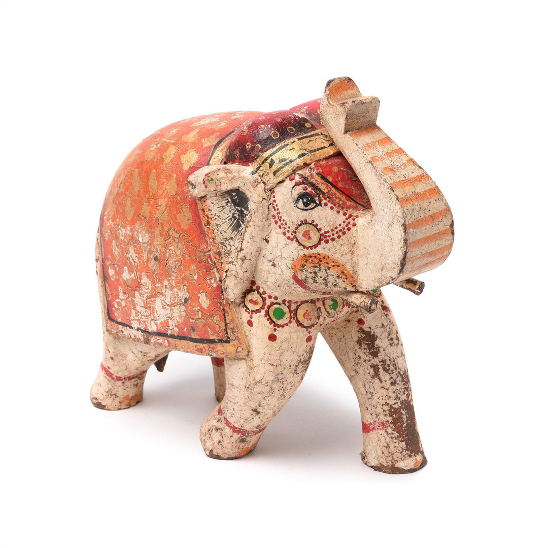 White & Orange Painted Indian Elephant Figurine From Rajasthan | Indigo Antiques