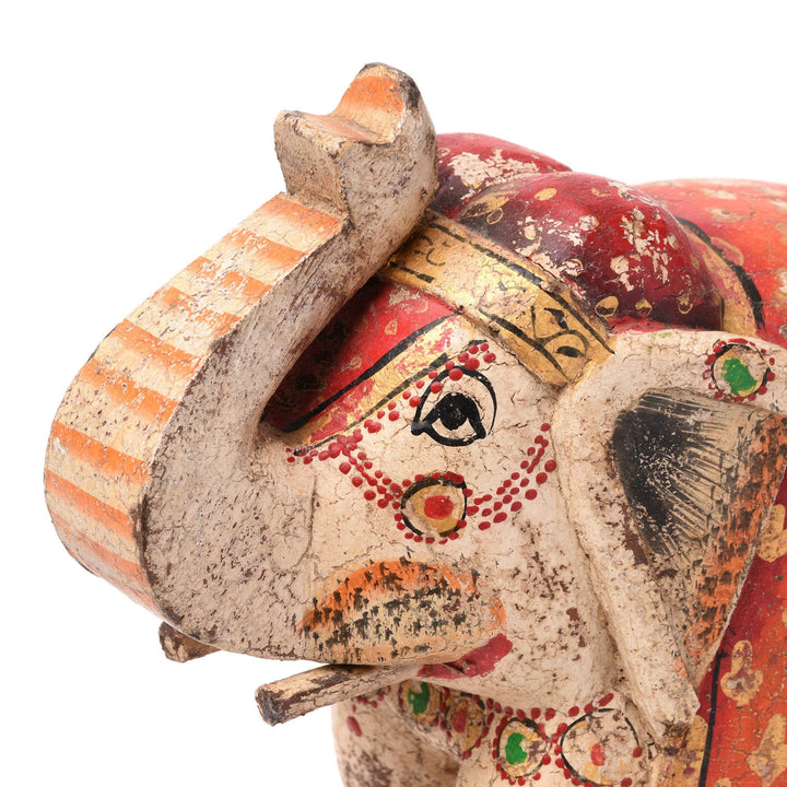 Face Detail of a White & Orange Painted Indian Elephant Figurine From Rajasthan | Indigo Antiques