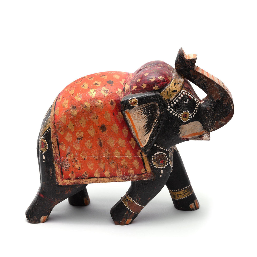 Black & Orange Painted Indian Elephant Figurine From Rajasthan | Indigo Antiques