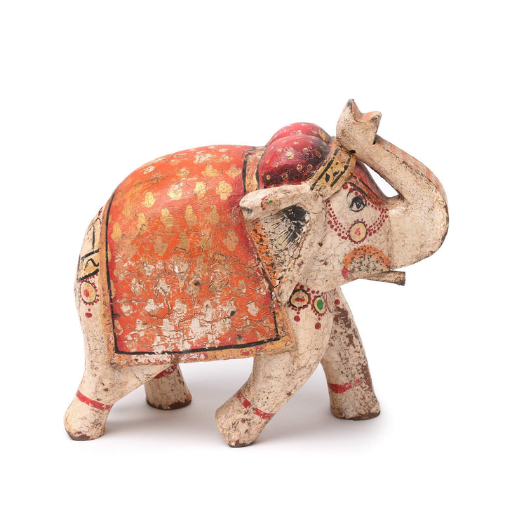 White & Orange Painted Indian Elephant Figurine From Rajasthan | Indigo Antiques