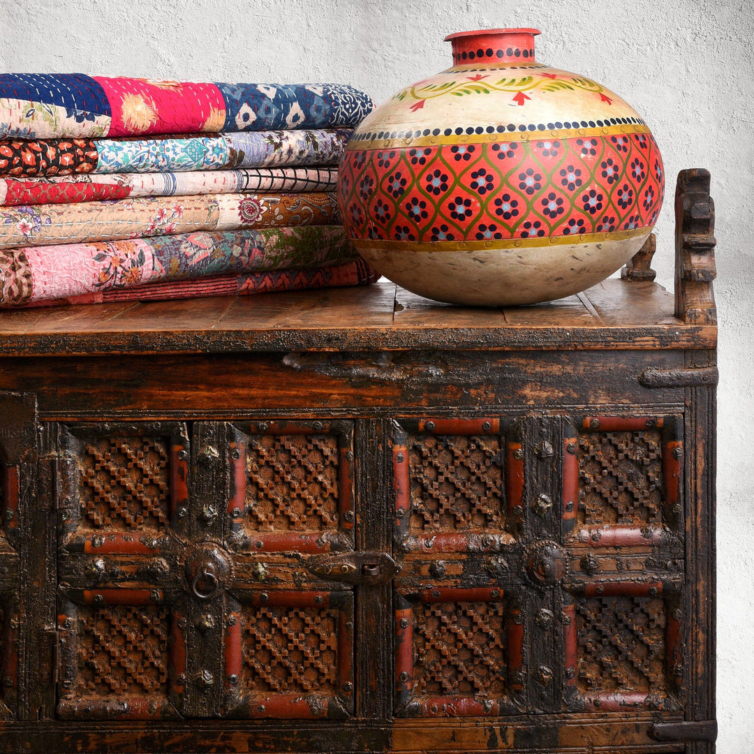 Orange & Pastel Green painted Iron Matka (Indian Water Pot) - Ca 1950