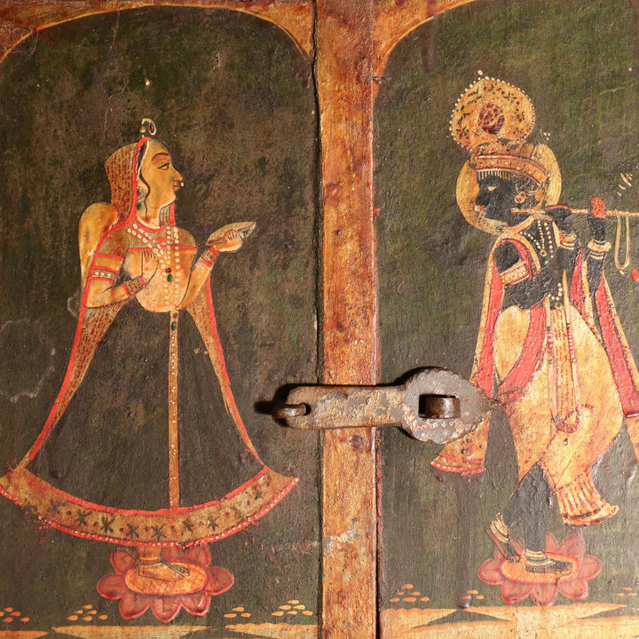 Antique Painted Indian Radha & Krishna With Flute On a Lotus Blossom Window Shutter | Indigo Oriental Antiques