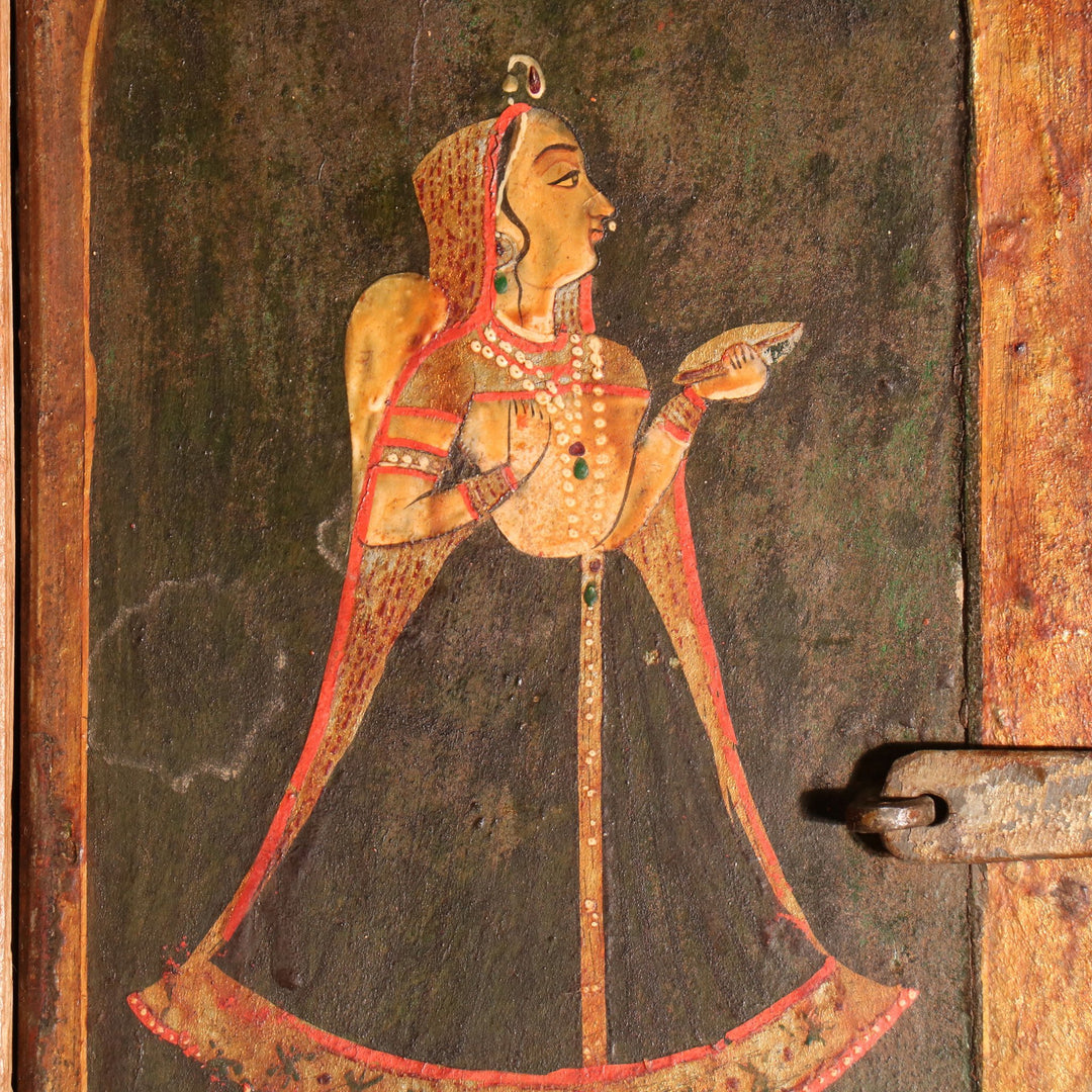Painted Radha Hindu Goddess On An Antique Indian Window Shutter | Indigo Oriental Antiques
