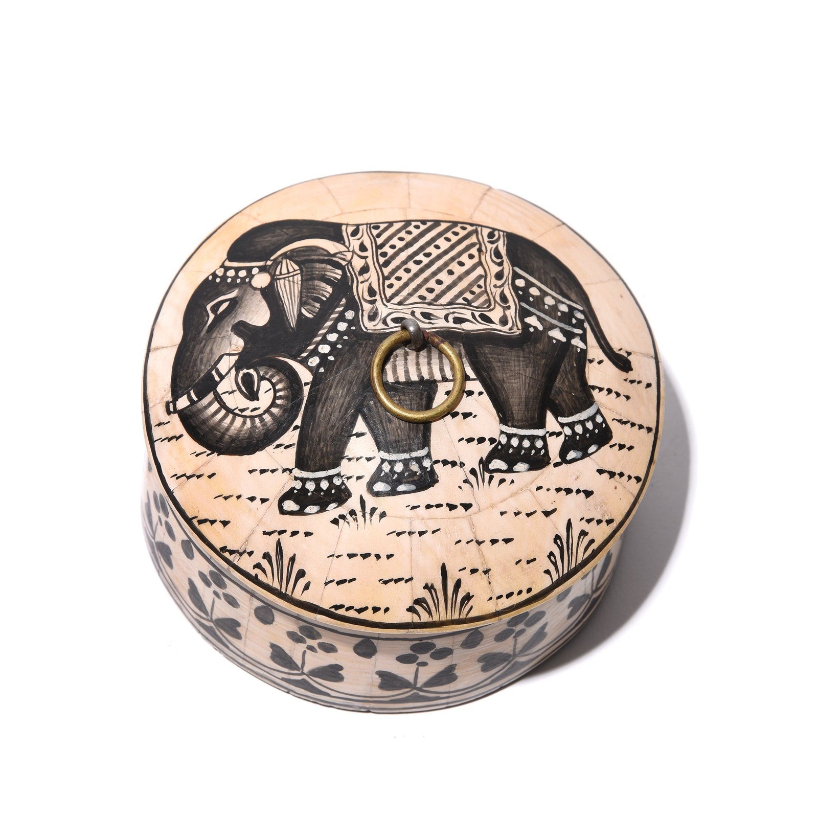 Indian Round Bone Inlay Indian Elephant Trinket Box | Indigo Antiques