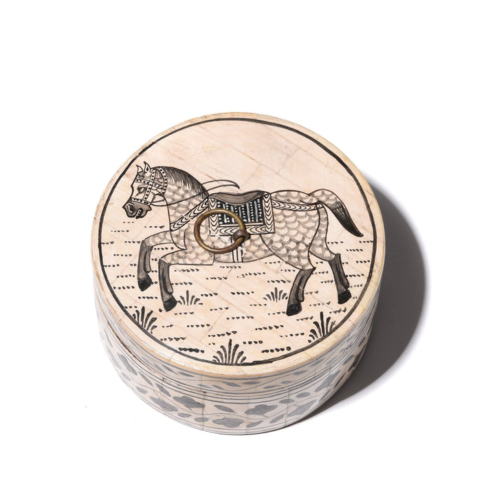 Round Bone Inlay Indian Horse Trinket Box | Indigo Antiques