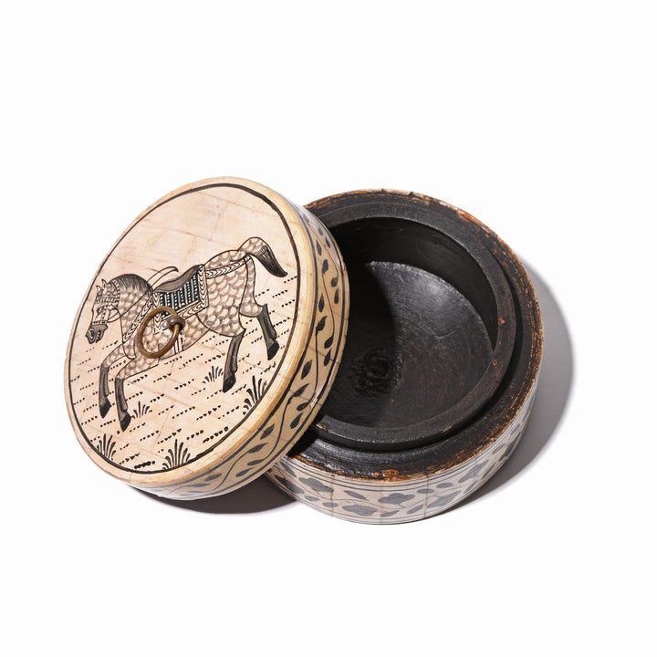 Open Detail from a Round Bone Inlay Indian Horse Trinket Box | Indigo Antiques
