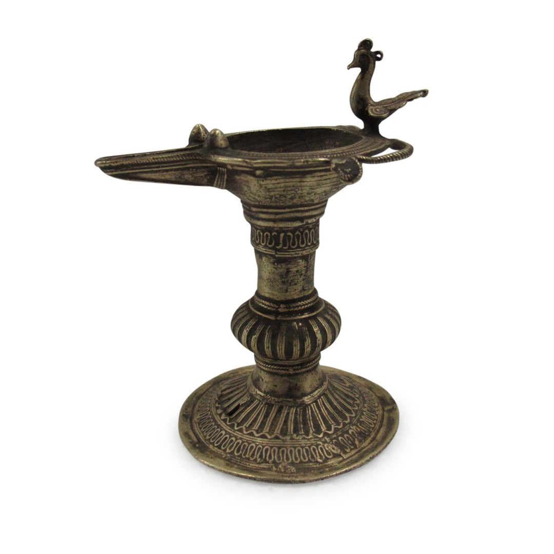 Antique Indian Brass Dhokra Work Oil Lamp With Elephant & Peacock From Chhattisgarh - Ca 1910 | Indigo Antiques