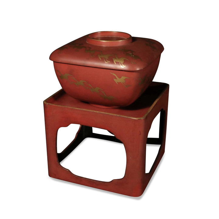 Red Lacquer Gilt Box With Crane Decoration On Stand - Ca 1930 | Indigo Oriental Antiques