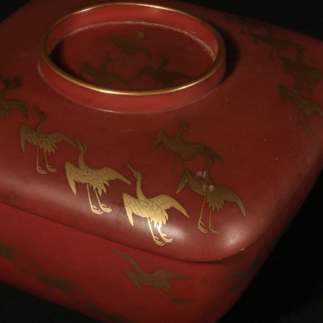Red Lacquer Gilt Box With Crane Decoration On Stand - Ca 1930 | Indigo Oriental Antiques