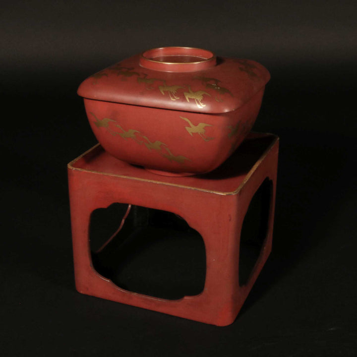Red Lacquer Gilt Box With Crane Decoration On Stand - Ca 1930 | Indigo Oriental Antiques
