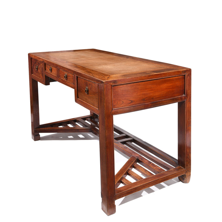 Side Detail of Red Elm Chinese Desk With Cane Top From Shanghai - 19thC | Indigo Oriental Antiques