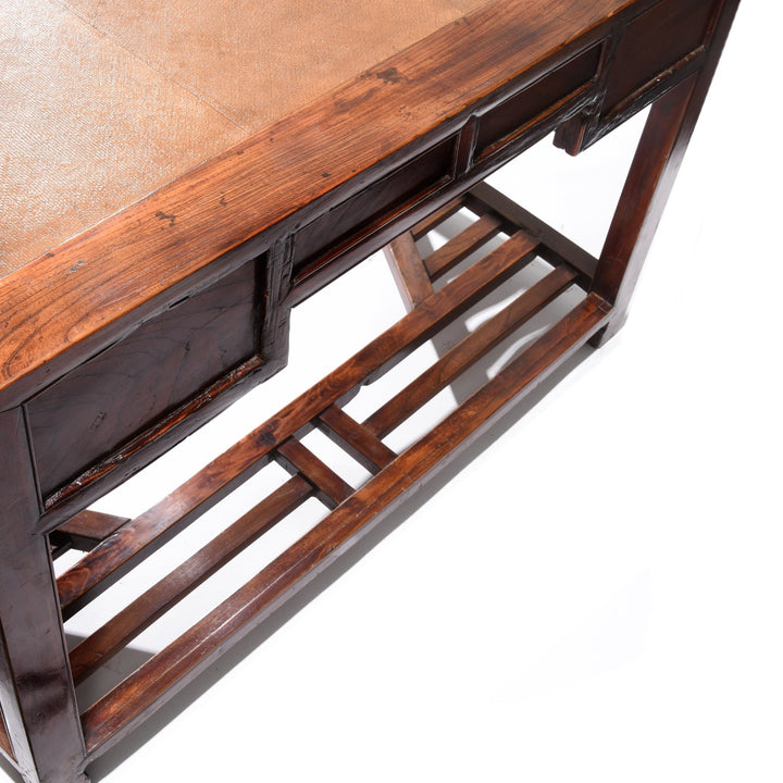 Bacl detail of Red Elm Chinese Desk With Cane Top From Shanghai - 19thC | Indigo Oriental Antiques