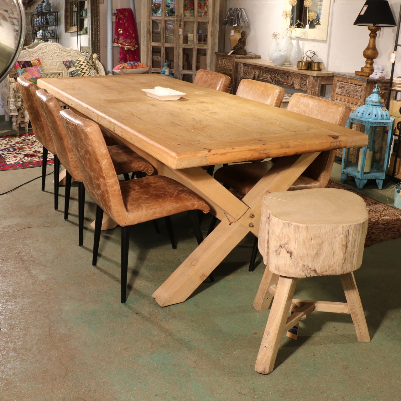 8 - 10 Seater Dining Table Made From Old Pine - X Leg Design | Indigo Oriental Antiques