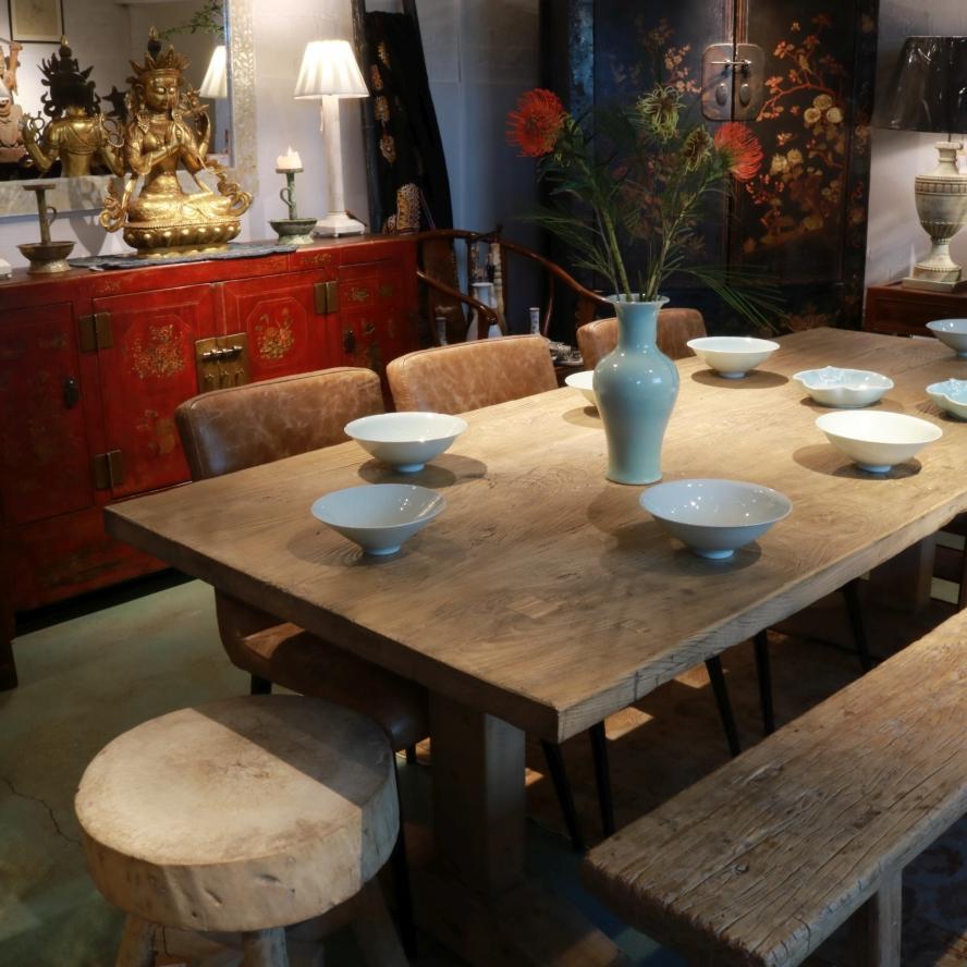 10 - 12 Seater Dining Table - Made From An Old Elm Door | Indigo Oriental Antiques