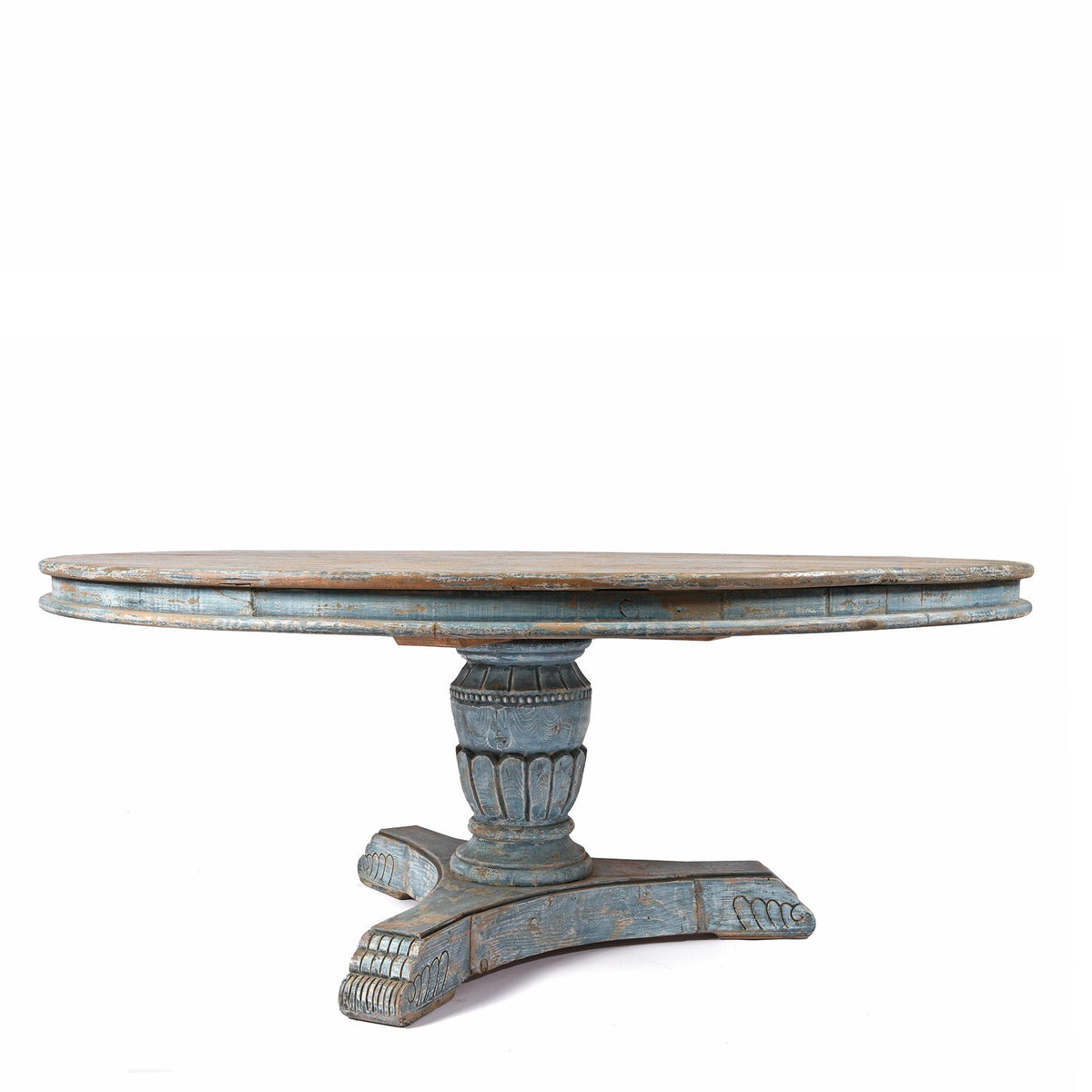 Round Pedestal Dining Table Made From Old Blue Painted Pine | Indigo Oriental Antiques