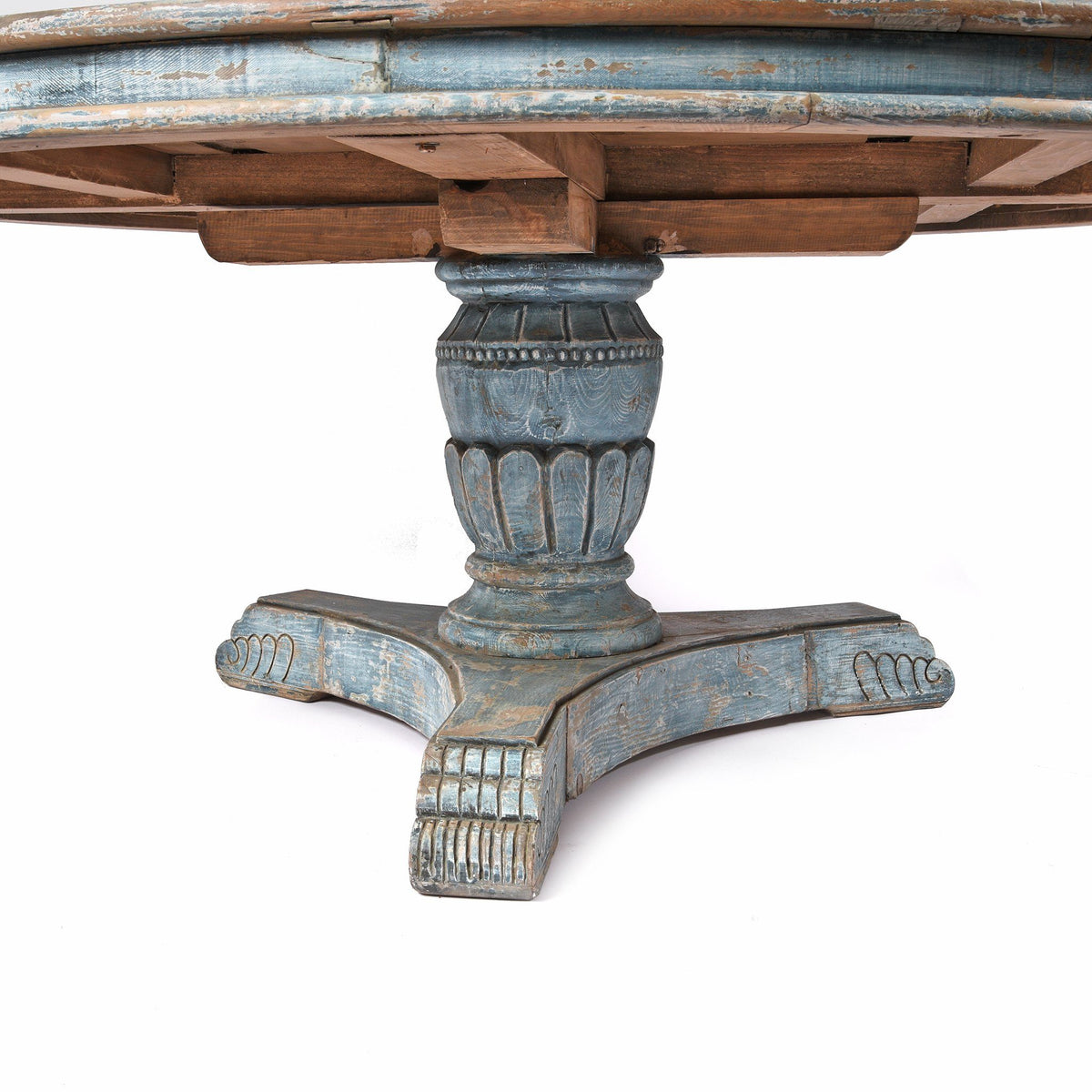 Round Pedestal Dining Table Made From Old Blue Painted Pine | Indigo Oriental Antiques