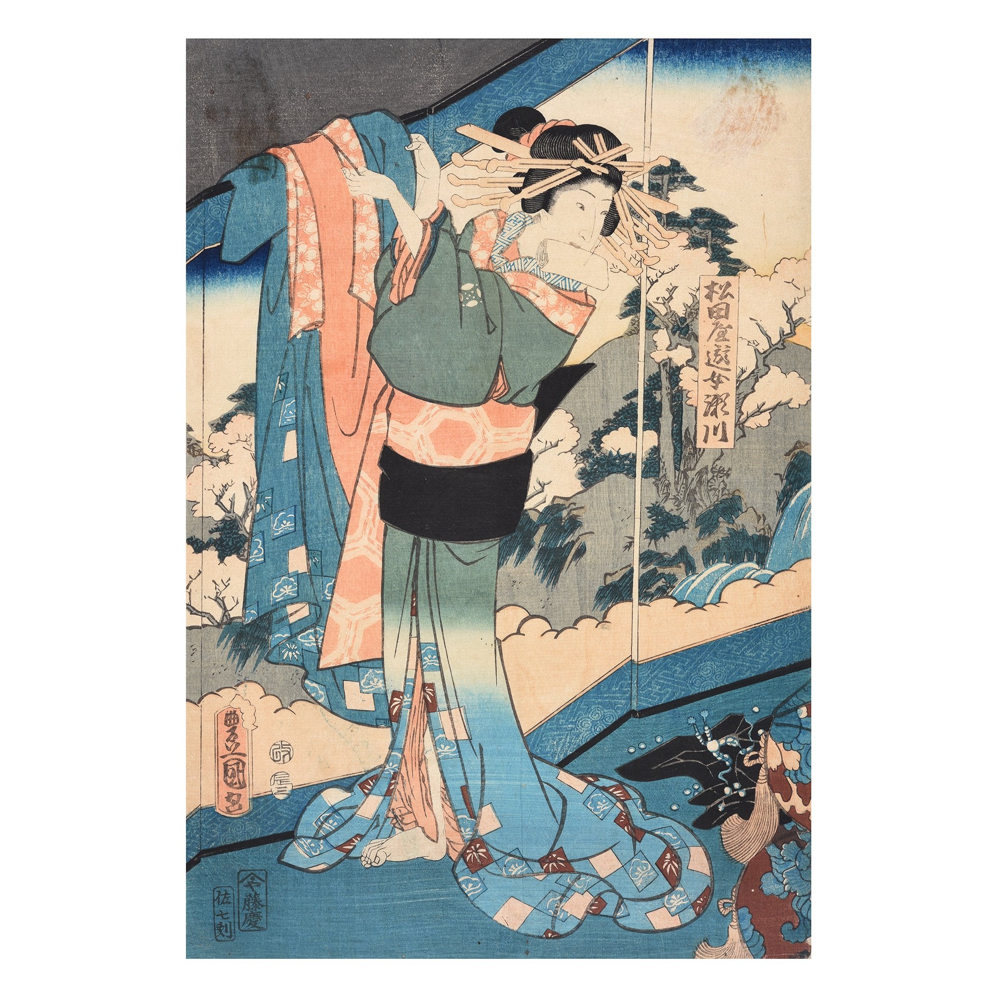 Framed Kunisada Woodblock Print - Meiji Period