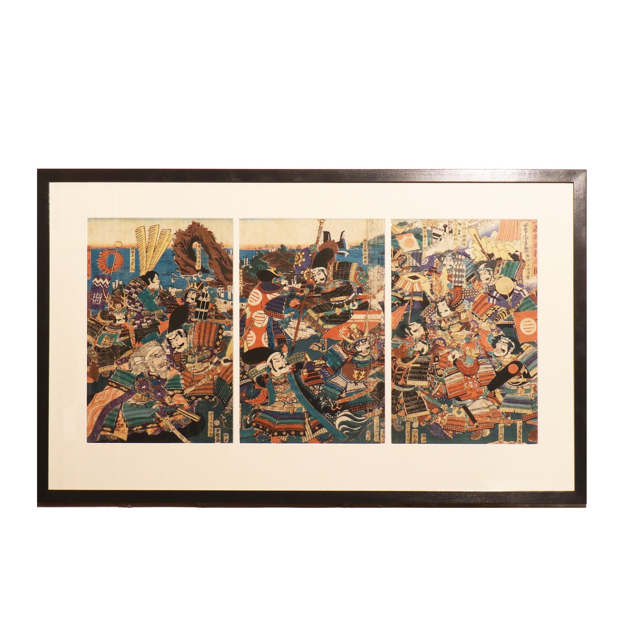 Framed Japanese Woodblock Print: "Minamoto Yoshitsune and the Reversed Oars" by Yoshitura - Edo Period | Indigo Oriental Antiques