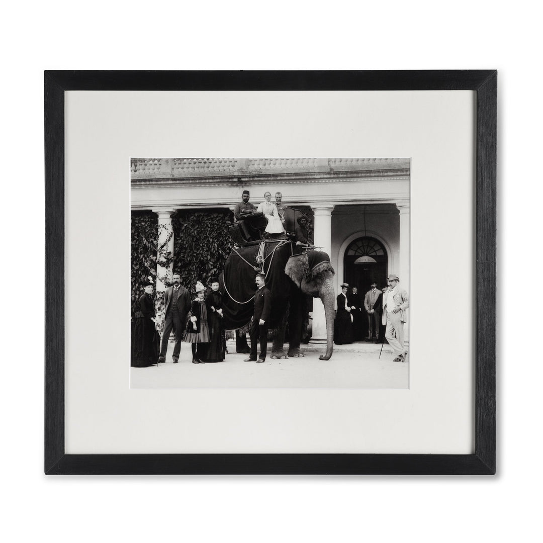 Framed Indian Photo- Residents and Visitors with Elephant in Hyderabad - Copy of Original Plate - Supplied in Matt Black Wooden Frame.