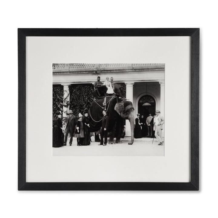 Framed Indian Photo- Residents and Visitors with Elephant in Hyderabad - Copy of Original Plate - Supplied in Matt Black Wooden Frame.