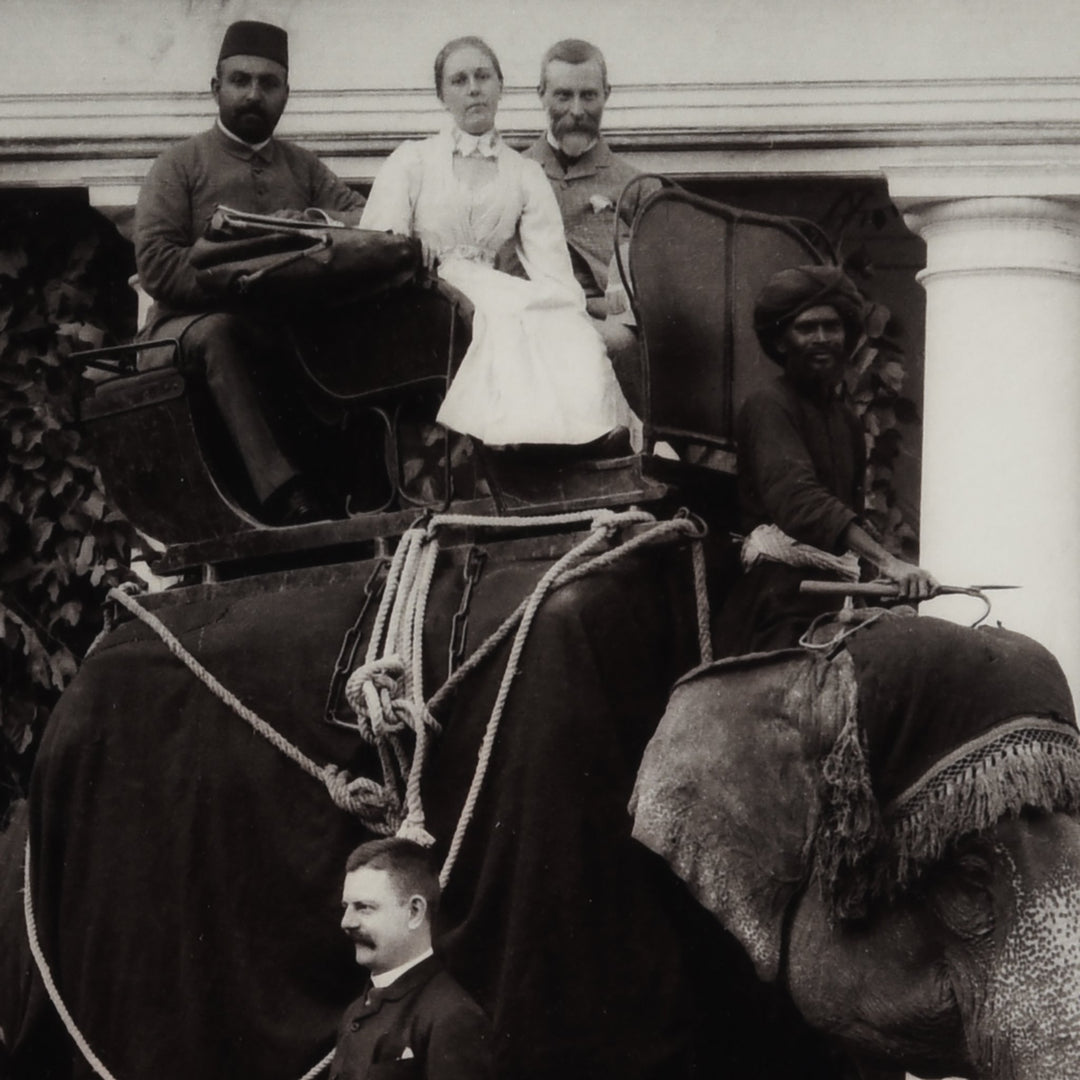 Framed Indian Photo- Residents and Visitors with Elephant in Hyderabad - Copy of Original Plate - Supplied in Matt Black Wooden Frame.