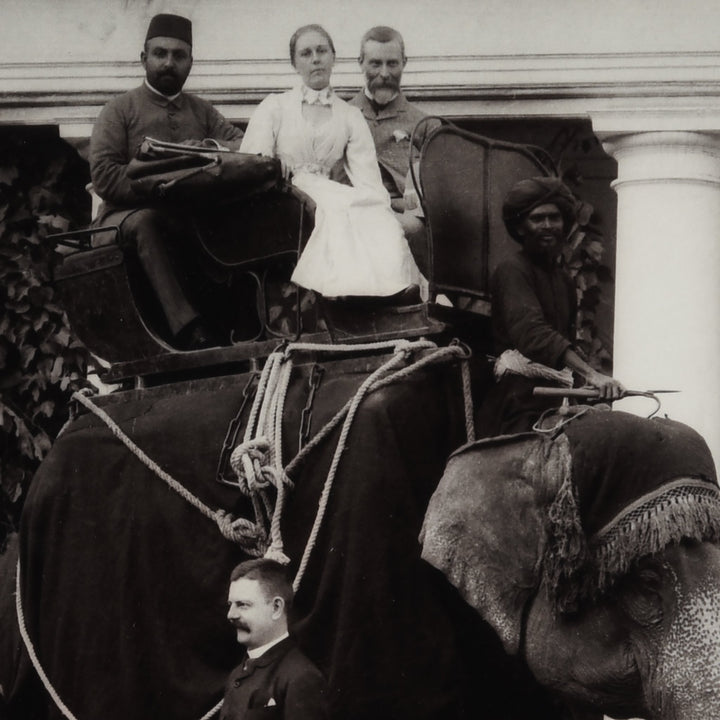 Framed Indian Photo- Residents and Visitors with Elephant in Hyderabad - Copy of Original Plate - Supplied in Matt Black Wooden Frame.