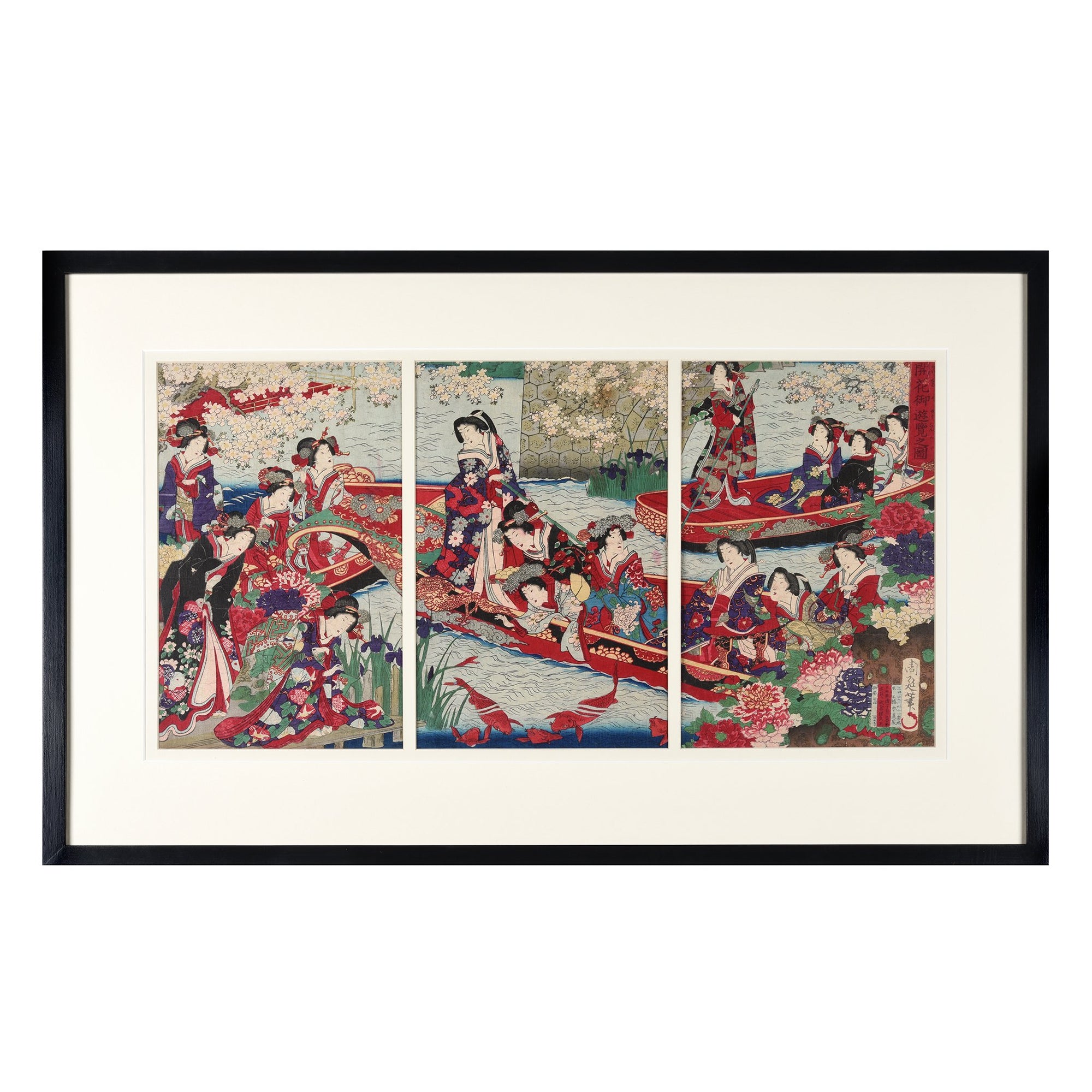 Framed Original Triptych Japanese Woodblock Print of "Meiji Empress on Pleasure Boat" by Toyohara Chikanobu Ca 1890 | Indigo Antiques