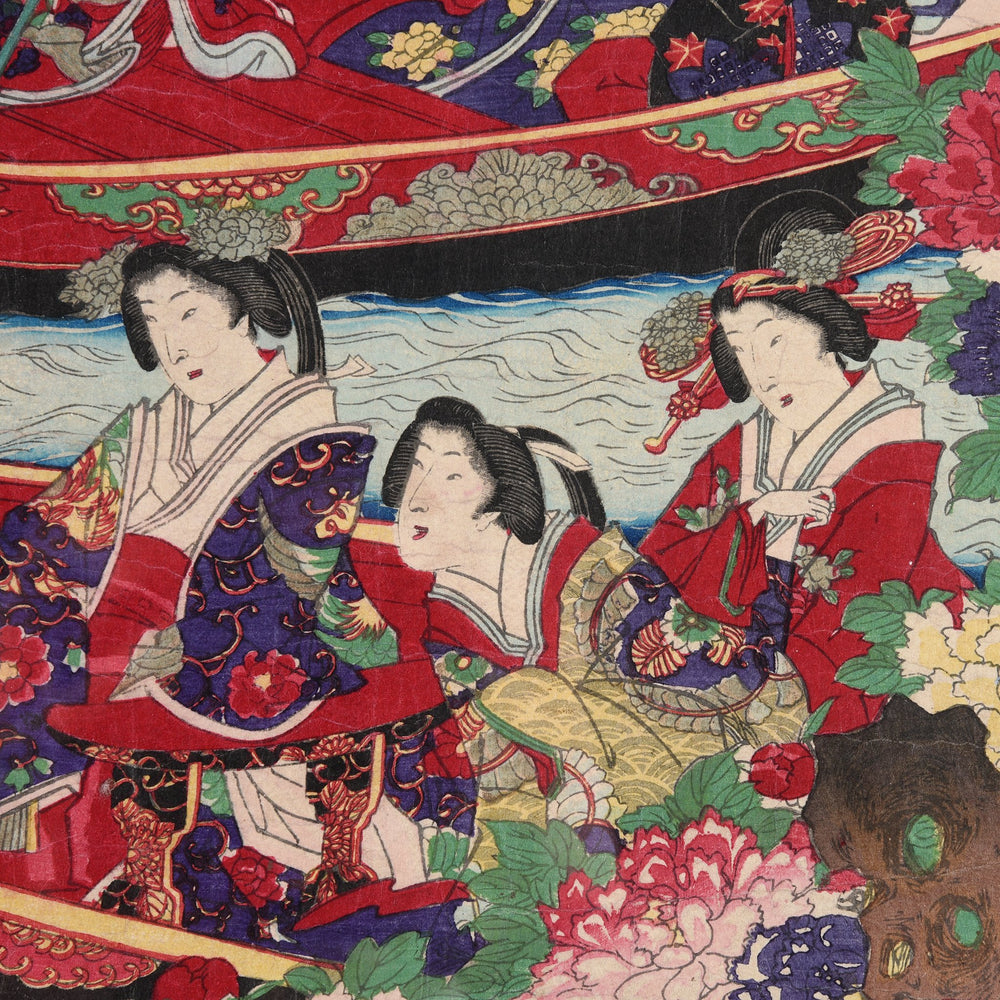 Detail from Framed Original Triptych Japanese Woodblock Print of "Meiji Empress on Pleasure Boat" by Toyohara Chikanobu Ca 1890 | Indigo Antiques
