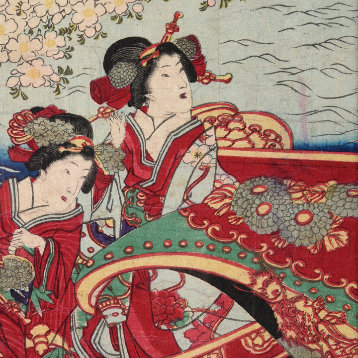 Detail from Framed Original Triptych Japanese Woodblock Print of "Meiji Empress on Pleasure Boat" by Toyohara Chikanobu Ca 1890 | Indigo Antiques