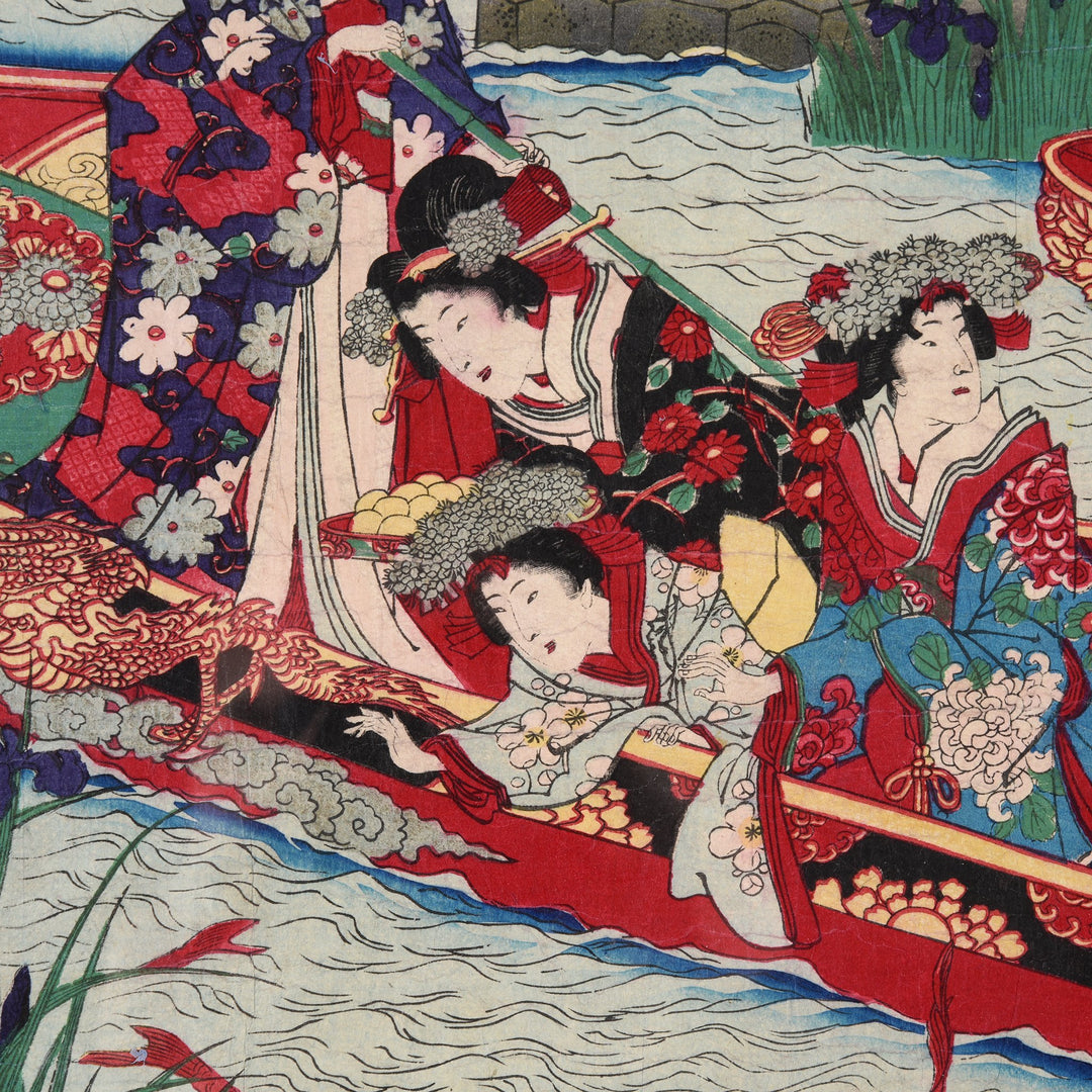 Detail from Framed Original Triptych Japanese Woodblock Print of "Meiji Empress on Pleasure Boat" by Toyohara Chikanobu Ca 1890 | Indigo Antiques