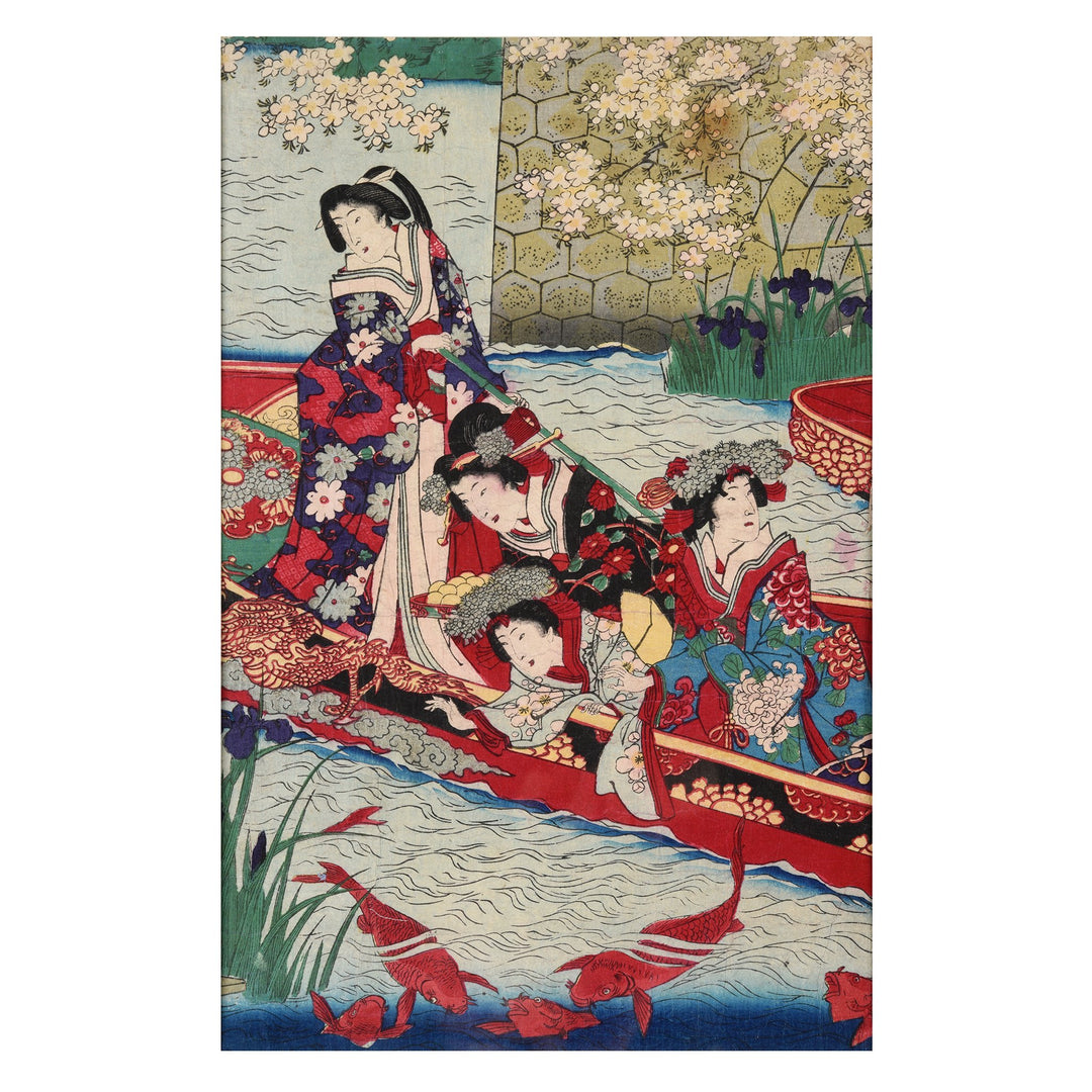 Scene 2 from Framed Original Triptych Japanese Woodblock Print of "Meiji Empress on Pleasure Boat" by Toyohara Chikanobu Ca 1890 | Indigo Antiques