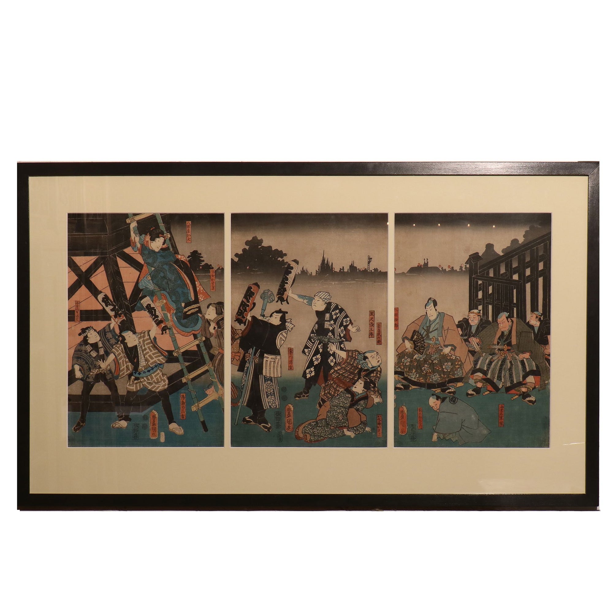 Framed Triptych Woodblock Print by Utagawa Kunisada - Ca 1851 | Indigo Oriental Antiques