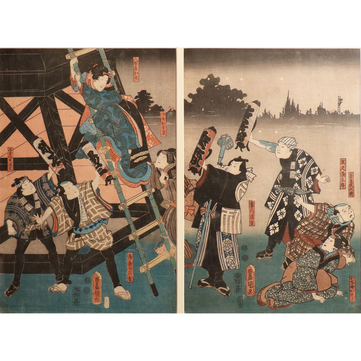 Framed Triptych Woodblock Print by Utagawa Kunisada - Ca 1851 | Indigo Oriental Antiques