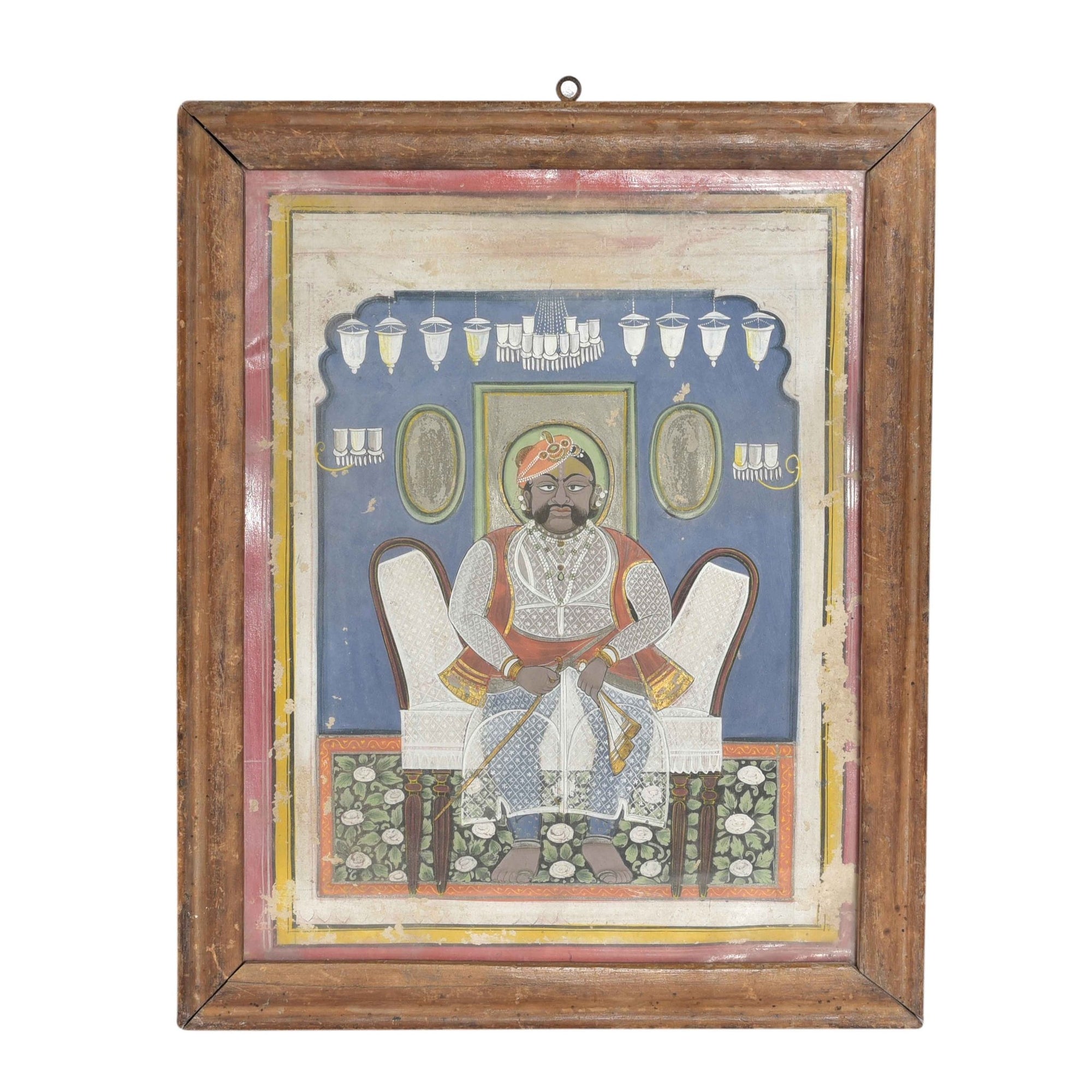 Framed Maharajah Water colour Painting - 19thC -  x  x  (wxdxh cms) - A5576