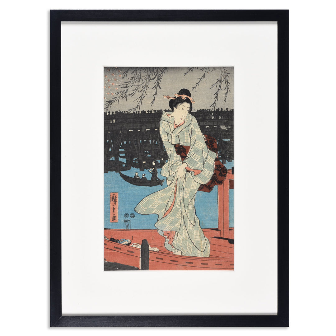 Framed Hiroshige  Japanese Woodblock Print - Enjoying the Evening Cool with Fireworks, Ryogoku Bridge | Indigo Antiques