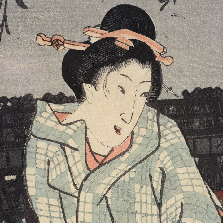 Framed Hiroshige  Japanese Woodblock Print - Enjoying the Evening Cool with Fireworks, Ryogoku Bridge | Indigo Antiques
