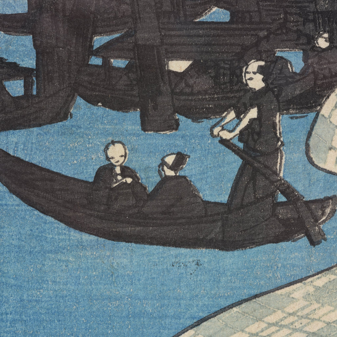Framed Hiroshige  Japanese Woodblock Print - Enjoying the Evening Cool with Fireworks, Ryogoku Bridge | Indigo Antiques