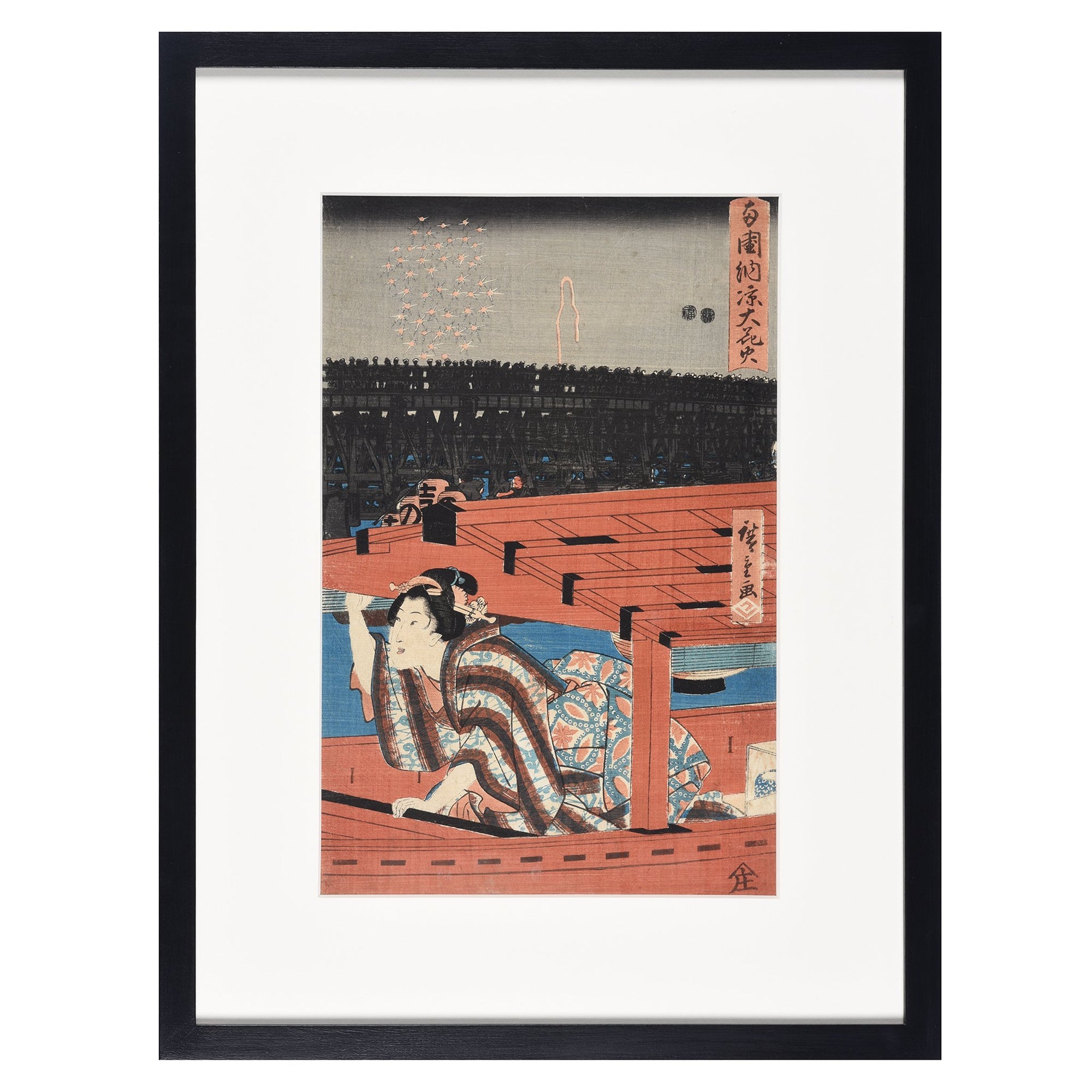 Framed Hiroshige  Japanese Woodblock Print - Enjoying the Evening Cool with Fireworks, Ryogoku Bridge | Indigo Antiques