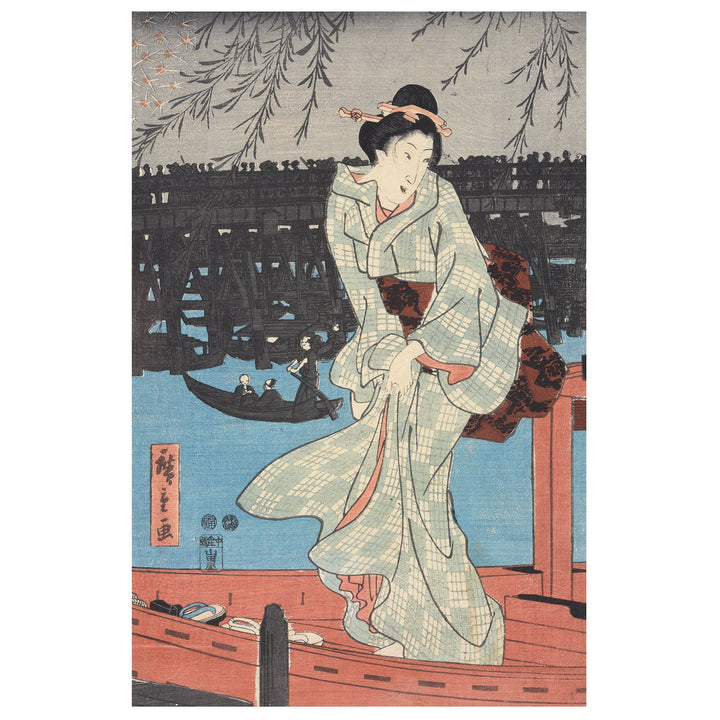 Framed Hiroshige  Japanese Woodblock Print - Enjoying the Evening Cool with Fireworks, Ryogoku Bridge | Indigo Antiques