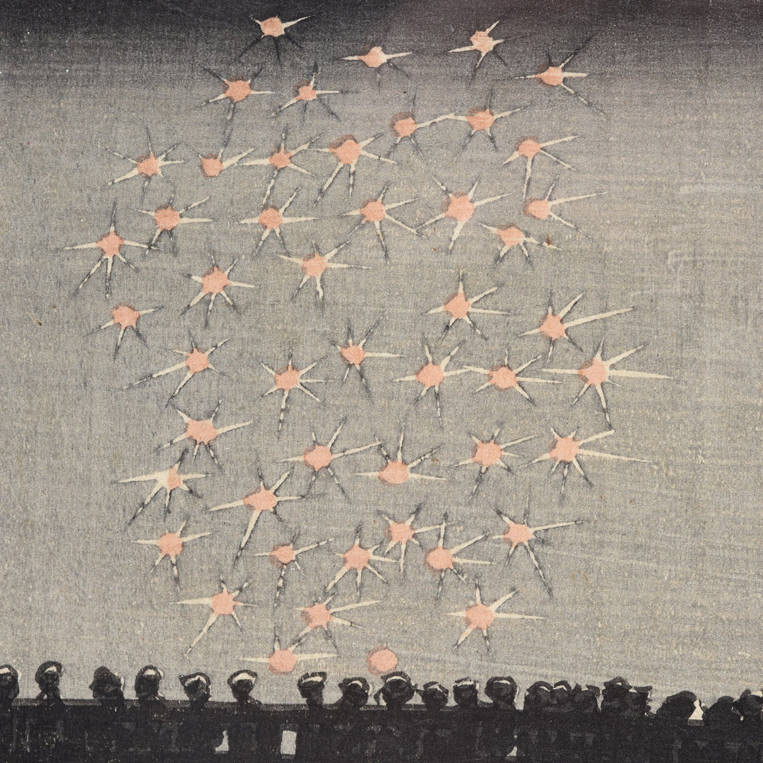Framed Hiroshige  Japanese Woodblock Print - Enjoying the Evening Cool with Fireworks, Ryogoku Bridge | Indigo Antiques