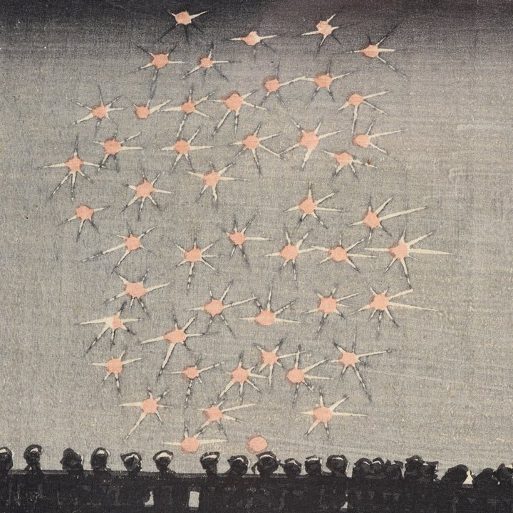 Framed Hiroshige  Japanese Woodblock Print - Enjoying the Evening Cool with Fireworks, Ryogoku Bridge | Indigo Antiques