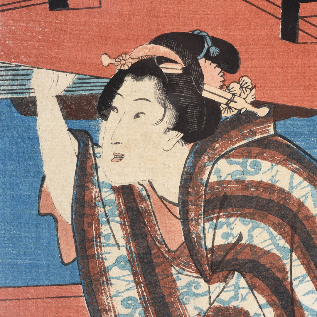 Framed Hiroshige  Japanese Woodblock Print - Enjoying the Evening Cool with Fireworks, Ryogoku Bridge | Indigo Antiques