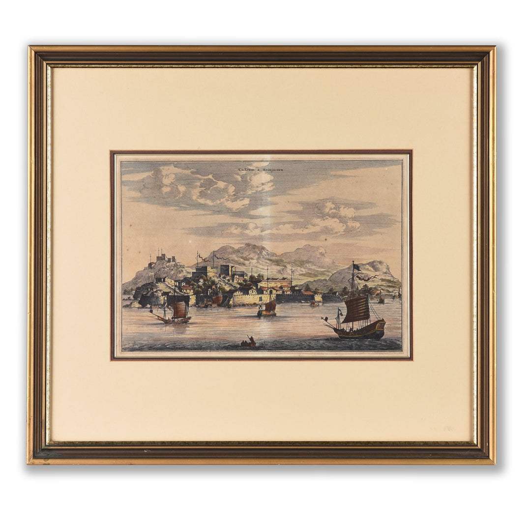 Original 17thC Tinted Engraving of Canton - River Landscape - in 1671 - 28 x 24.5 cms - M183V1