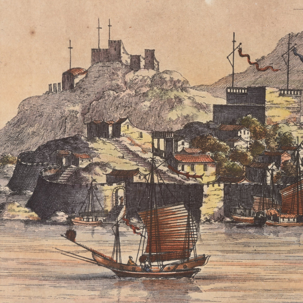 Original 17thC Tinted Engraving of Canton - River Landscape - in 1671 - 28 x 24.5 cms - M183V1