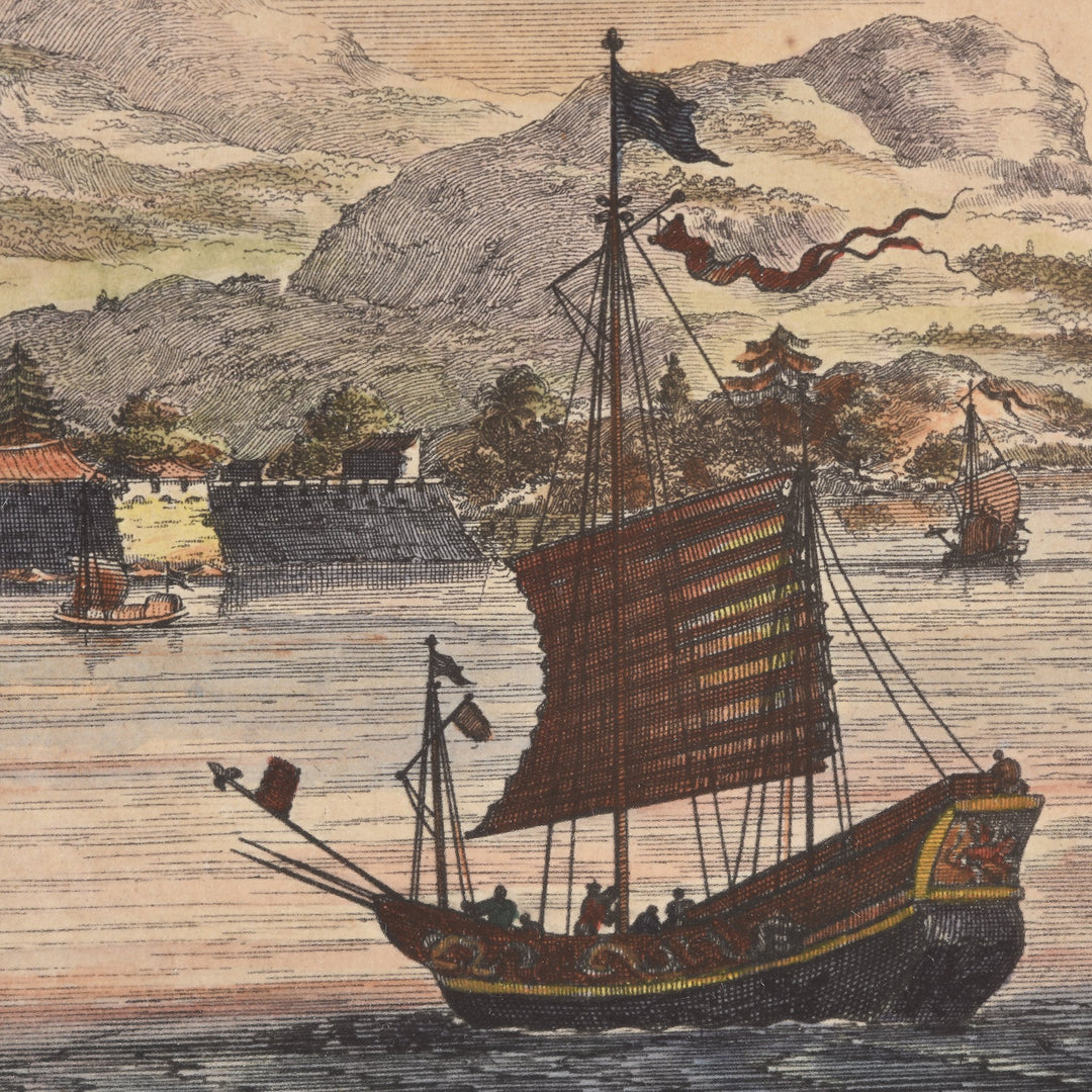 Original 17thC Tinted Engraving of Canton - River Landscape - in 1671 - 28 x 24.5 cms - M183V1
