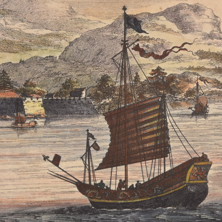 Original 17thC Tinted Engraving of Canton - River Landscape - in 1671 - 28 x 24.5 cms - M183V1
