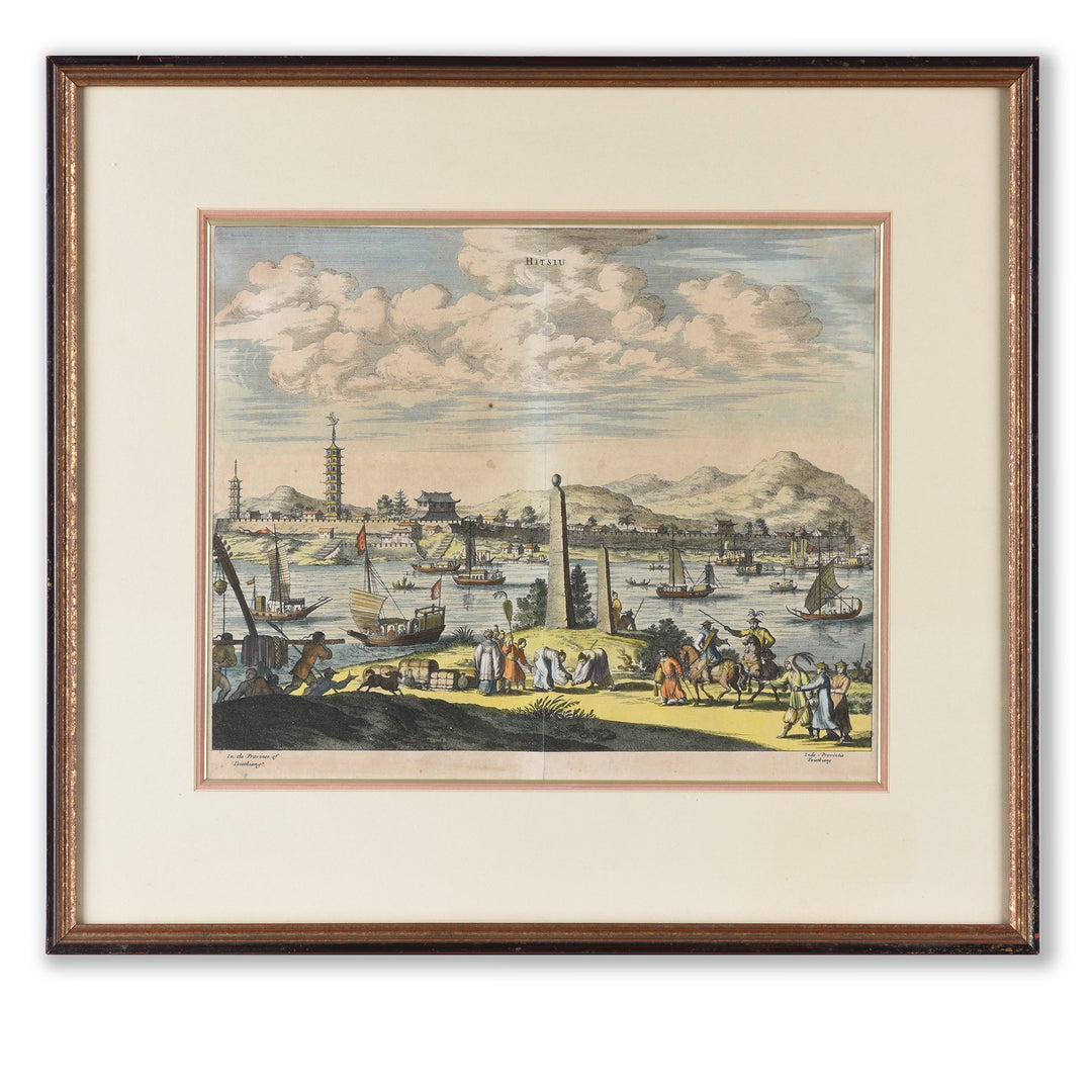 Original 17thC Tinted Engraving of a Chinese River Landscape at Hitsiu - 17thC engraving - 28 x 24.5 cms - M183V3