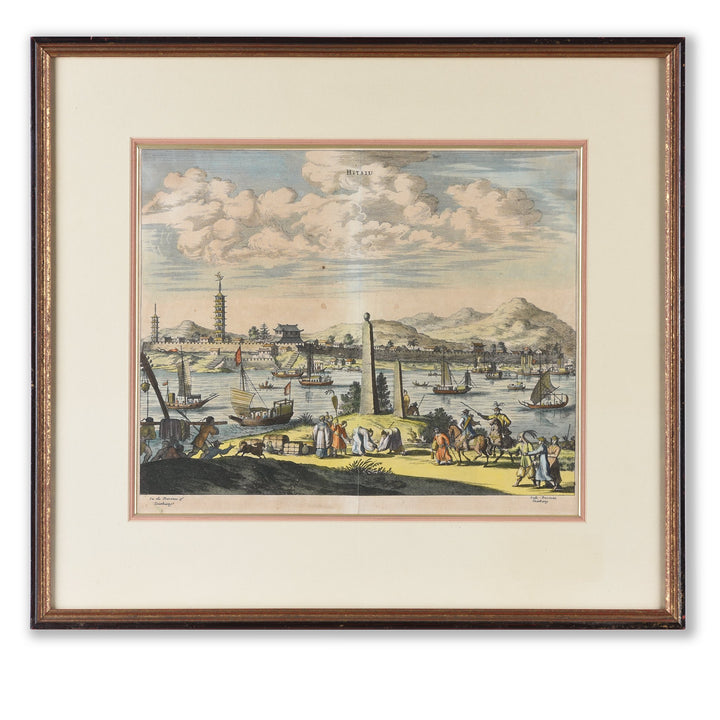 Original 17thC Tinted Engraving of a Chinese River Landscape at Hitsiu - 17thC engraving - 28 x 24.5 cms - M183V3